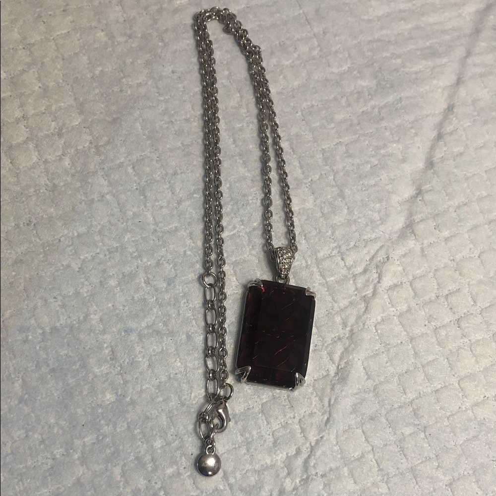 Silver Chain Necklace with Dark Garnet Rectangular Pendant